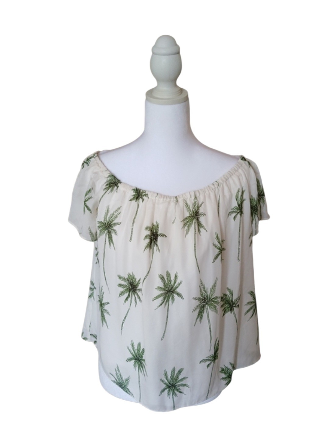 Milly Cream Off-Shoulder Tank With Green Palm Print